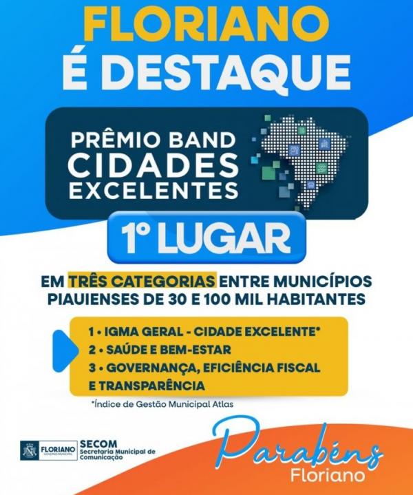 Prefeitura de Floriano conquista 1° lugar em três categorias do Prêmio Band Cidades Excelentes.(Imagem:Secom)