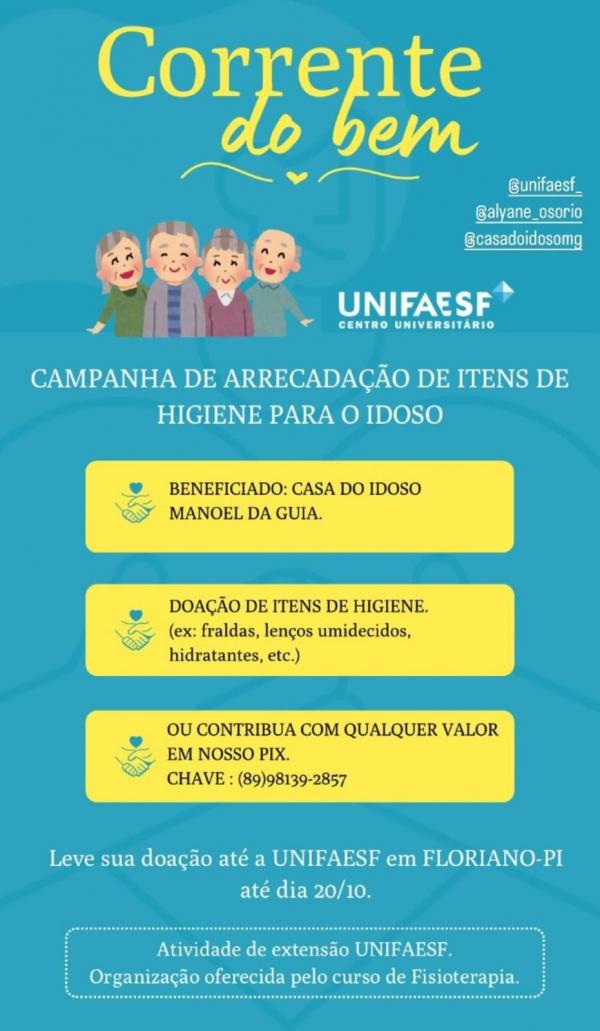  UNIFAESF lança campanha de arrecadação para a Casa do Idoso Manoel da Guia(Imagem:Divulgação)