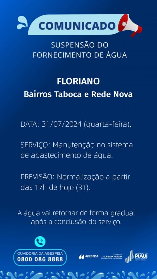 Manutenção no sistema de abastecimento de água afeta bairros em Floriano nesta quarta-feira.(Imagem:Divulgação)