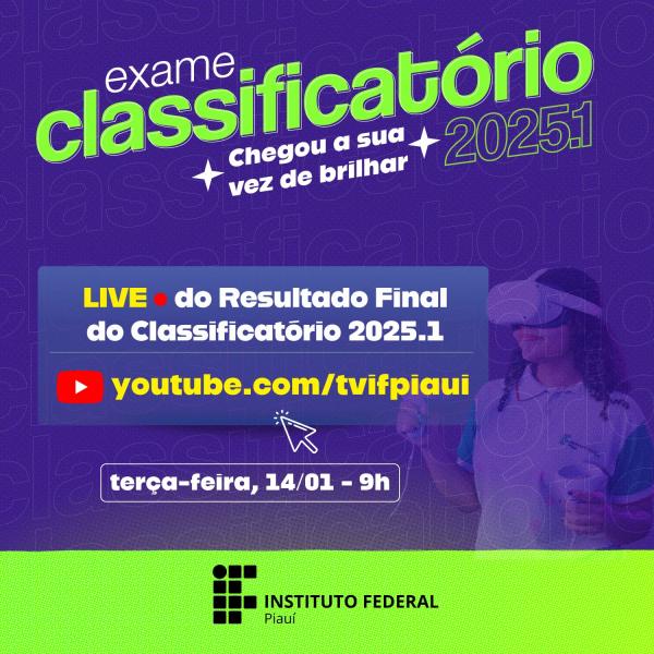 IFPI divulga resultado do Exame Classificatório 2025.1 com transmissão oficial(Imagem:Divulgação)