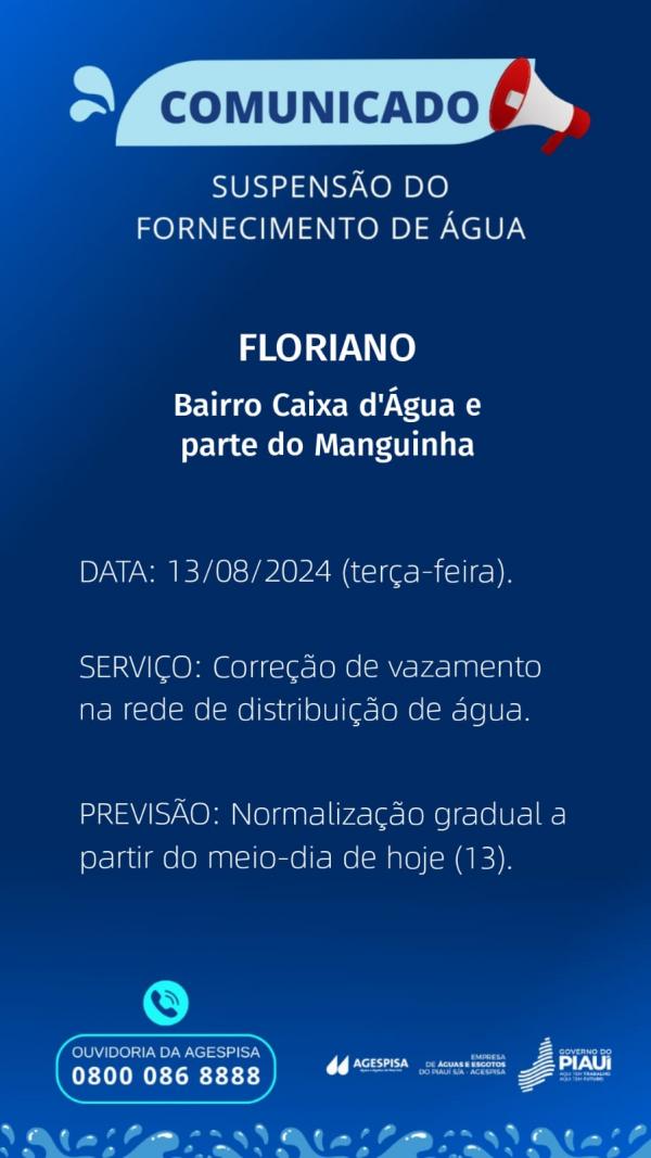 Agespisa anuncia suspensão do fornecimento de água em Floriano para correção de vazamento.(Imagem:Divulgação)