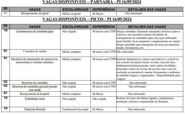 Vagas disponíveis em Parnaíba e Picos(Imagem: Sine)