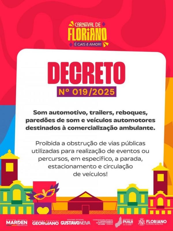 Prefeitura de Floriano publica decreto sobre uso de som automotivo e veículos de venda ambulante.(Imagem:Secom)