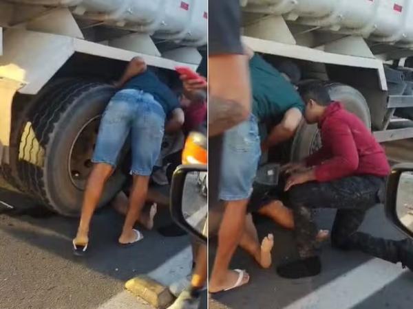 Mulher fica entre rodas de caminhão ao cair de moto na Zona Leste de Teresina.(Imagem:Reprodução)