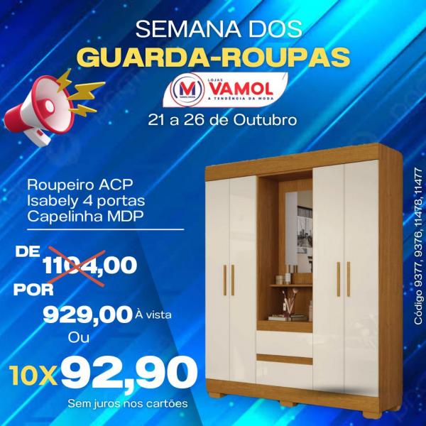 Roupeiro ACP Isabely 4 portas: de R$ 1.104,00 por R$ 929,00;(Imagem:Divulgação)