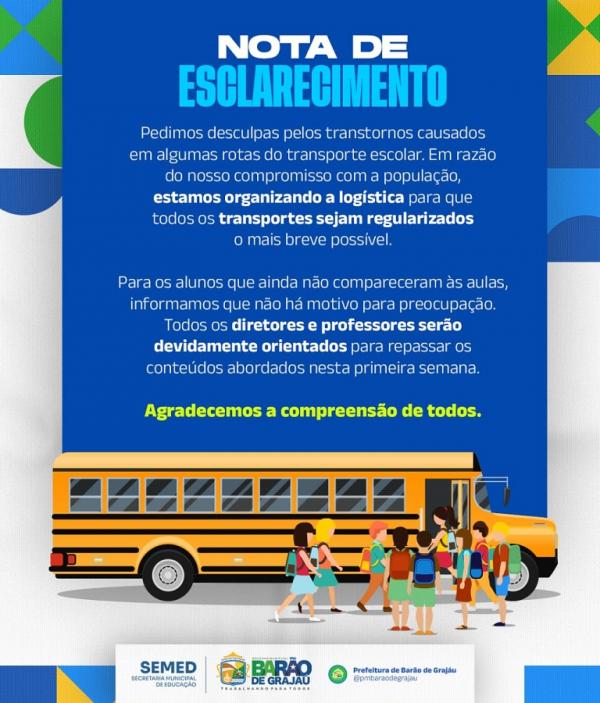 SEMED de Barão de Grajaú emite nota de esclarecimento sobre transtornos no transporte escolar.(Imagem:Divulgação)