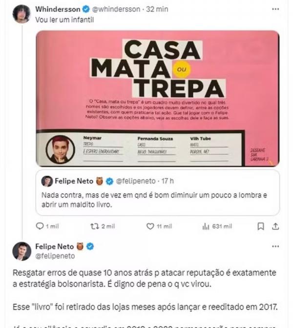 Whindersson Nunes e Felipe Neto trocaram ofensas na rede social.(Imagem:Reprodução/Twitter)