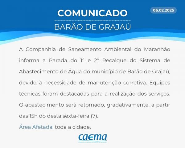 CAEMA realiza manutenção no sistema de abastecimento de água em Barão de Grajaú.(Imagem:Divulgação)