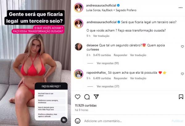 Andressa Urach fala de possibilidade de cirurgia para colocar terceiro seio.(Imagem:Reprodução/Instagram)