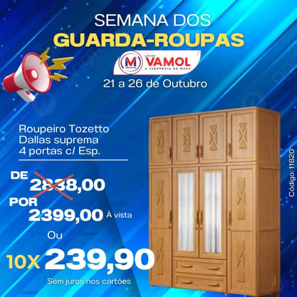 Roupeiro Tozetto Dallas 4 portas com espelho: de R$ 2.838,00 por R$ 2.399,00.(Imagem:Divulgação)