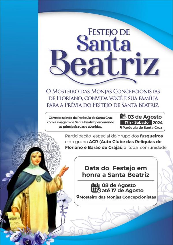 Mosteiro das Monjas Concepcionistas de Floriano convida para prévia do Festejo de Santa Beatriz.(Imagem:Divulgação)