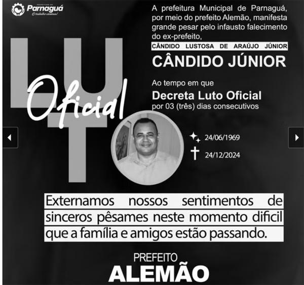 Prefeitura de Parnaguá lamenta falecimento de ex-prefeito Cândido Junior - Ex-prefeito de Parnaguá morre em acidente com carreta na véspera do Natal em estrada da Bahia.ç(Imagem:Divulgação)