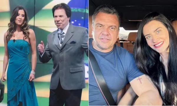 A ex-assistente de palco Patricia Salvador do Carmo com Silvio Santos (à esq.) e atualmente com o marido, Lázaro do Carmo Júnior, ex-presidente da Jequiti.(Imagem:Reprodução/Instagram)