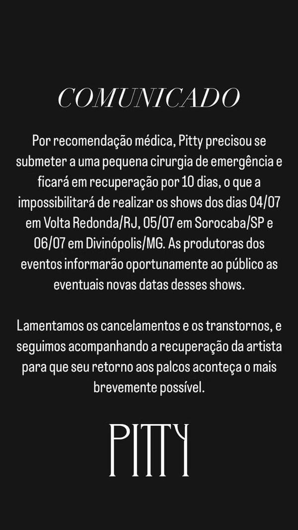 Pitty passa por cirurgia de emergência e cancela shows(Imagem:Reprodução/Instagram)