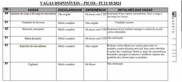 Vagas disponíveis para Picos.(Imagem:Sine)