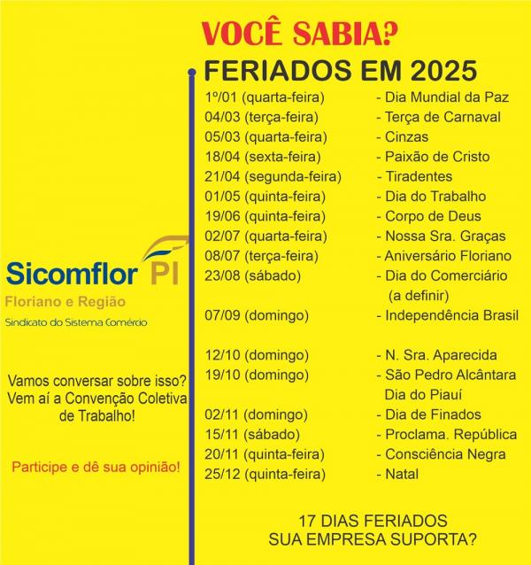 SICOMFLOR divulga calendário de feriados 2025 e reforça importância da Convenção Coletiva de Trabalho.(Imagem:Divulgação)