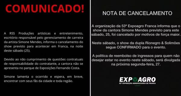 Comunicados sobre cancelamento do show de Simone Mendes na Expoagro em Franca, SP.(Imagem:Divulgação)