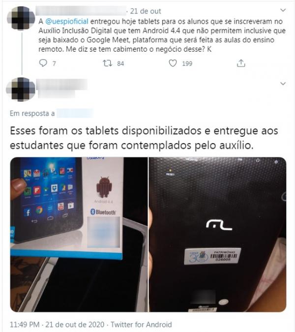 Nas redes sociais, estudantes relataram ter tido problemas com os aparelhos recebidos.(Imagem:Reprodução/Twitter)