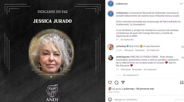 Morte da atriz mexicana Jessica Jurado é confirmada pela Asociación Nacional de Intérpretes.(Imagem:Reprodição/Instagram)