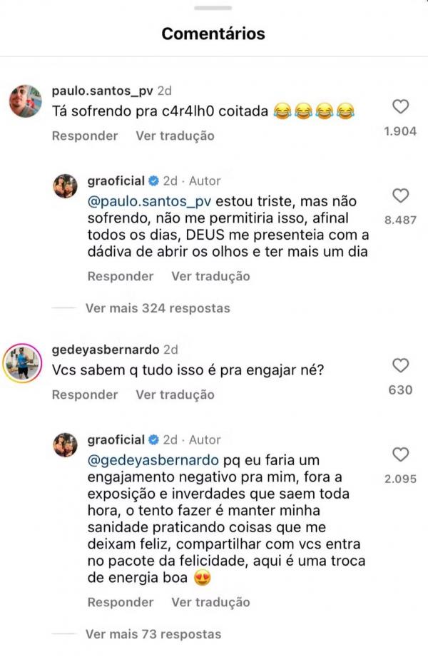 Comentários de Gracyanne Barbosa.(Imagem:Reprodução/Instagram)