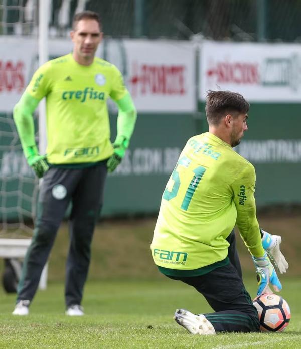 Fernando Prass e Daniel Fuzato em treino do Palmeiras em 2017.(Imagem:SE Palmeiras)