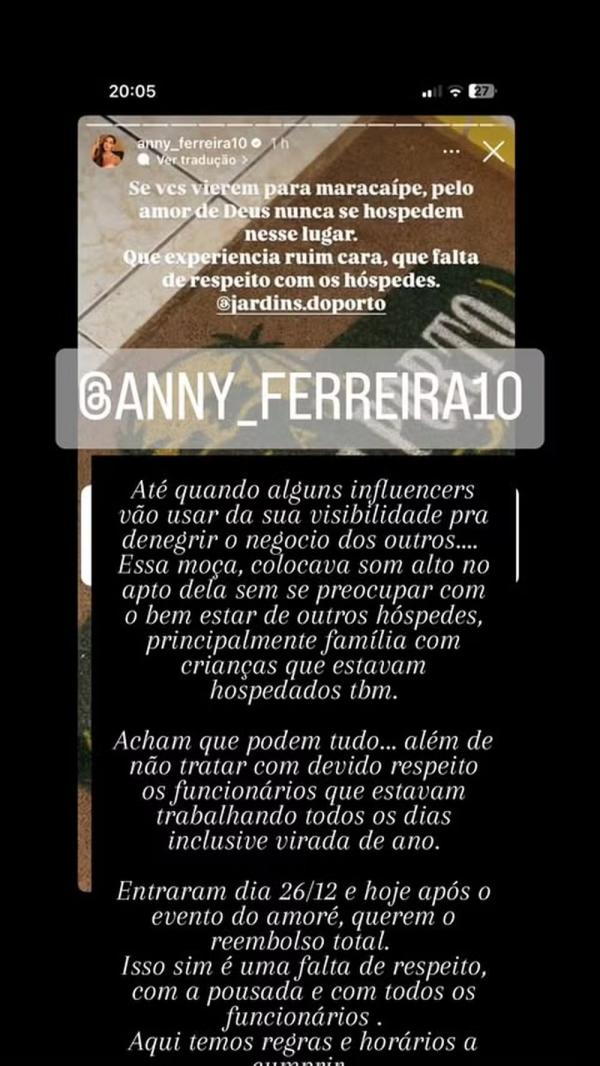 Pousada em Pernambuco responde a acusações de Anny.(Imagem:Reprodução/Instagram)