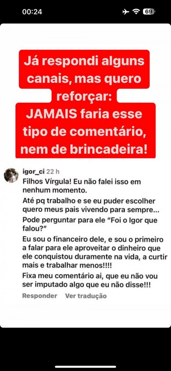 Igor Camargo não gosta da brincadeira de Zezé de Camargo sobre herança e rebate.(Imagem:Reprodução/Instagram)