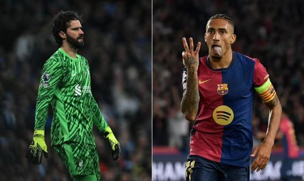 Alisson e Raphinha são os destaques de Liverpool e Barcelona, que podem avançar às quartas da Champions nesta terça.(Imagem:Fotos de AFP)