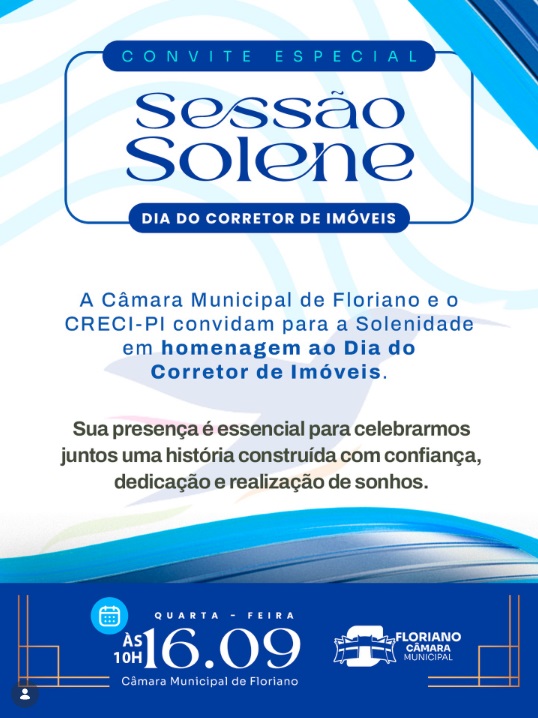 Câmara Municipal de Floriano realizará Sessão Solene em homenagem aos Corretores de Imóveis