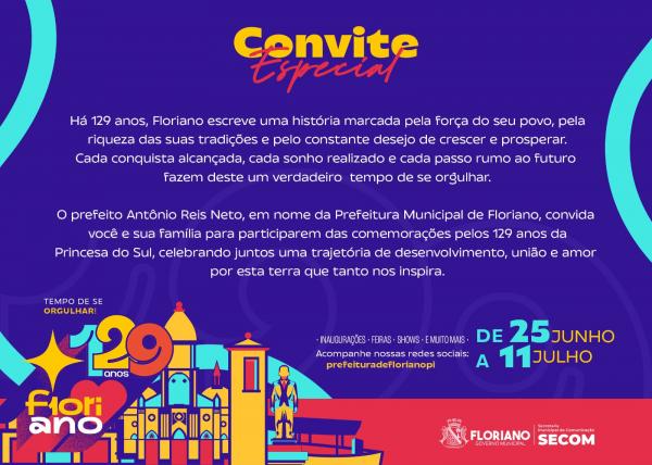 Prefeitura de Floriano convida população para celebrar os 129 anos da Princesa do Sul
