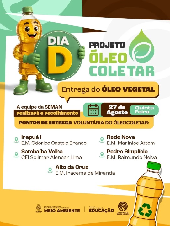 Floriano realiza Dia D do Óleo nesta quinta para incentivar descarte correto e sustentabilidade