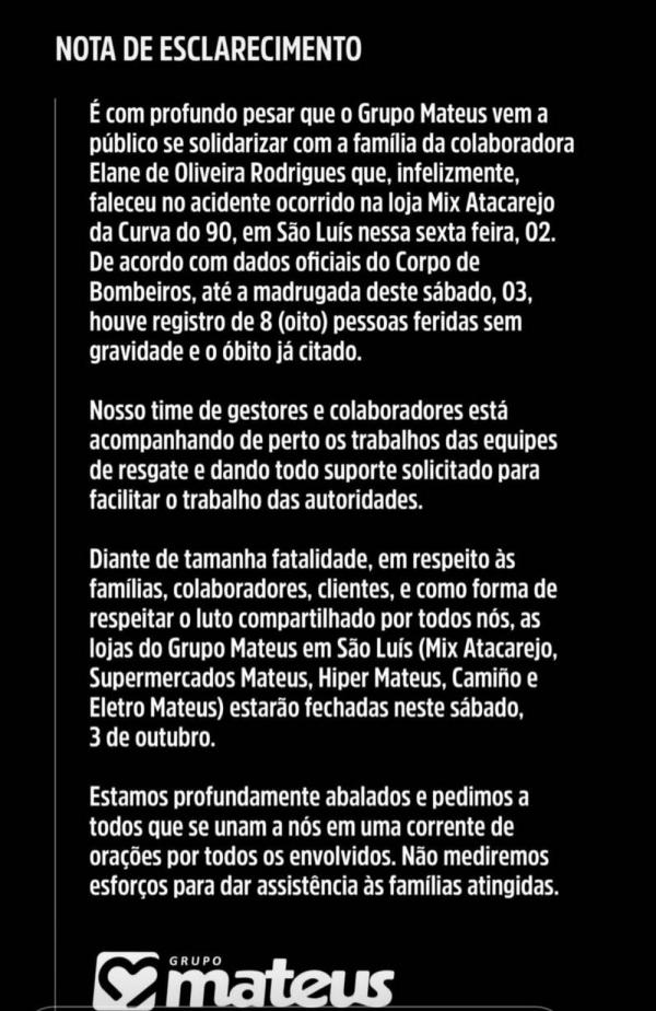 Grupo Mateus emite nota sobre o acidente em supermercado em S&atilde;o Lu&iacute;s,(Imagem:Divulga&ccedil;&atilde;o)