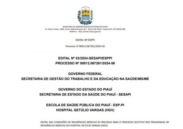 Sesapi lança edital para residências médicas no HGV