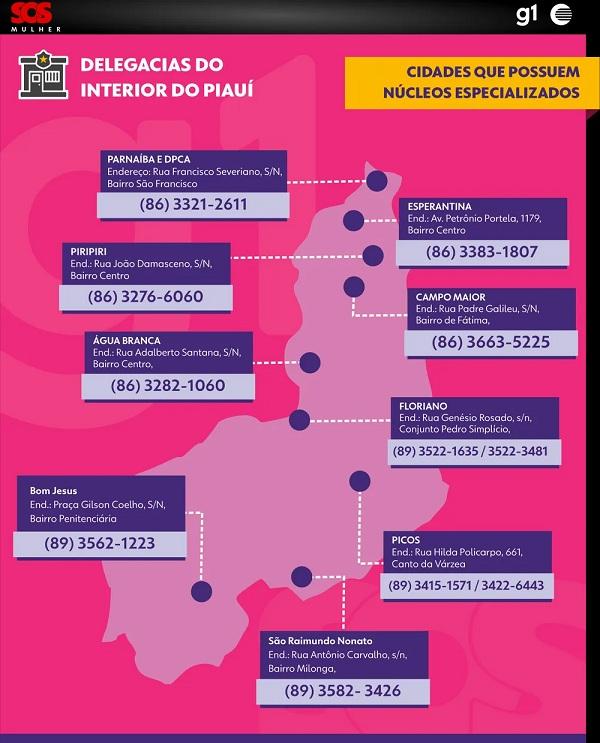  Delegacias da Mulher no interior do Piau&iacute;.(Imagem:Arte Adelmo Paix&atilde;o/ g1 PI )