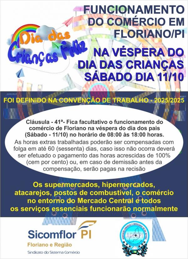 Funcionamento do comércio de Floriano na véspera do Dia das Crianças será facultativo