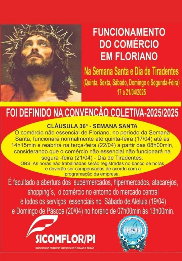 SICOMFLOR divulga funcionamento do comércio de Floriano durante Semana Santa e feriado de Tiradentes