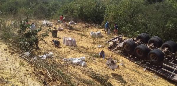 Carreta carregada de milho tomba na PI-140 e populares saqueiam carga