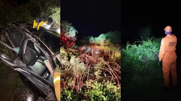 Homem morre e mulher desaparece ap&oacute;s carro capotar na estrada da Pedra do Sal, em Parna&iacute;ba.(Imagem: Divulga&ccedil;&atilde;o/Bombeiros)