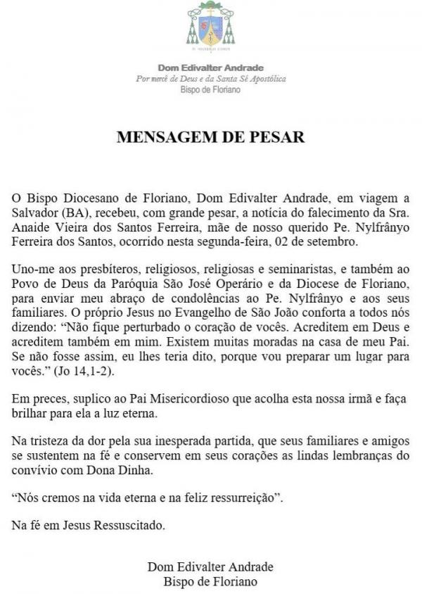 Bispo de Floriano divulga nota de pesar pela morte de dona