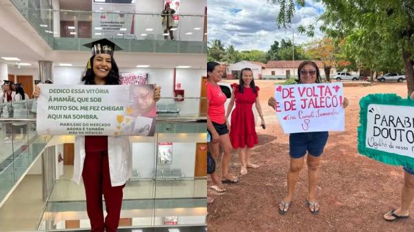 Médica viraliza ao se formar no Paraguai e ser recebida com cartazes e desfile no interior do Piauí