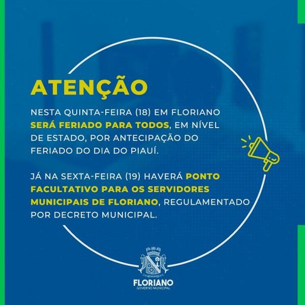 Prefeitura de Floriano decreta ponto facultativo nesta sexta (19) após feriado do Dia do Piauí