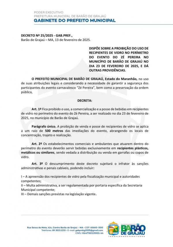  Prefeitura de Bar&atilde;o de Graja&uacute; publica decreto que pro&iacute;be recipientes de vidro no evento 