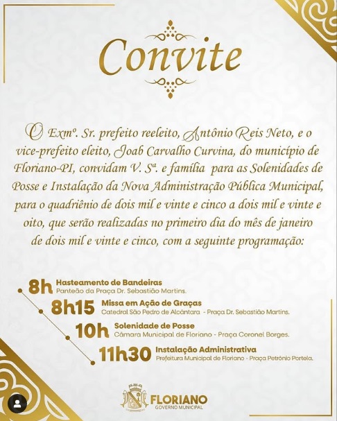 Solenidades de Posse e Instalação da Nova Administração de Floriano acontecerão no dia 1º de janeiro