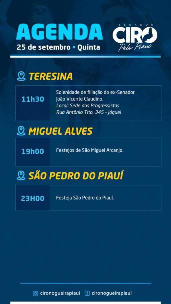 Ciro Nogueira cumpre agenda em Teresina e participa de festejos em Miguel Alves e S&atilde;o Pedro do Piau&iacute; nesta quinta (25).(Imagem:Ascom)