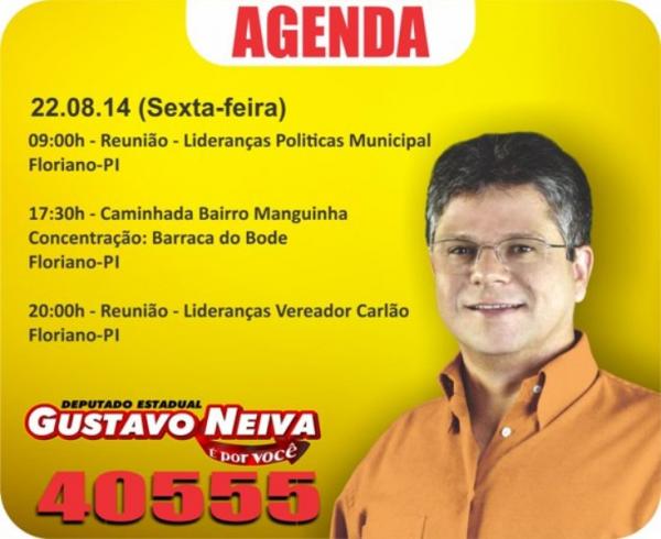      Confira a agenda do candidato Gustavo Neiva para esta sexta-feira (22). (Imagem:Assessoria de Comunica&ccedil;&atilde;o)