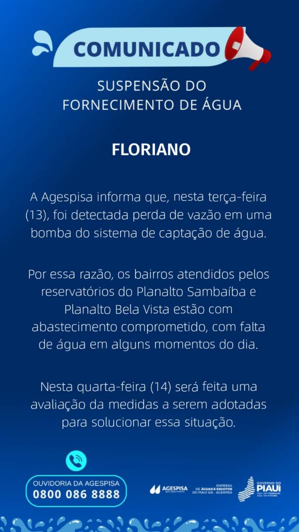 Problemas na capta&ccedil;&atilde;o de &aacute;gua afetam abastecimento em bairros de Floriano.(Imagem:Divulga&ccedil;&atilde;o)