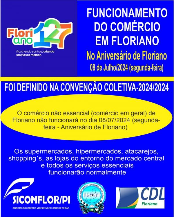 Aniversário de Floriano: Comércio não essencial não funcionará no dia 08 de julho