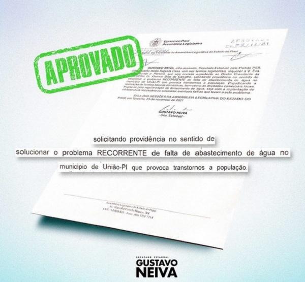 Deputado Gustavo Neiva cobra da Agespisa regulariza&ccedil;&atilde;o no abastecimento de &aacute;gua no munic&iacute;pio de Uni&atilde;o-PI.(Imagem:Divulga&ccedil;&atilde;o)