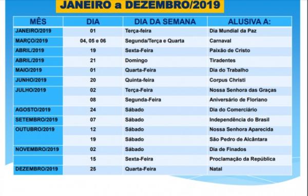 SICOMFLOR divulga lista de feriados em 2019 na cidade de Floriano