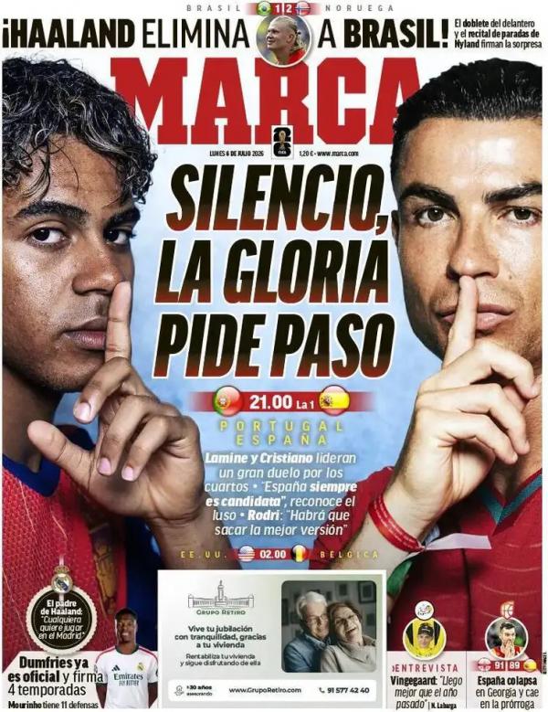 Capa do jornal Marca fala da eliminina&ccedil;&atilde;o do Brasil pela Holanda na Copa do Mundo de 2026.  (Imagem:Marca/Divulga&ccedil;&atilde;o)
